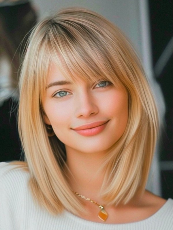 Blonde Perücken Mit Pony Kinnlänge 12 Zoll Lace Front Glatte Echthaarperücken