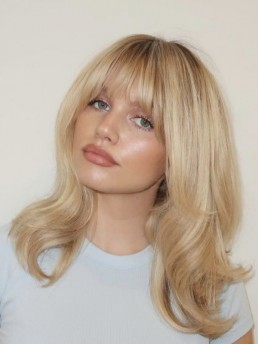Mittelblonde Perücke 14" Capless Remy Echthaar mit Pony Glatte Perücken