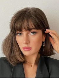 14" Mit Pony Remy Echthaar Braun Schulterlange Glatte Perücken
