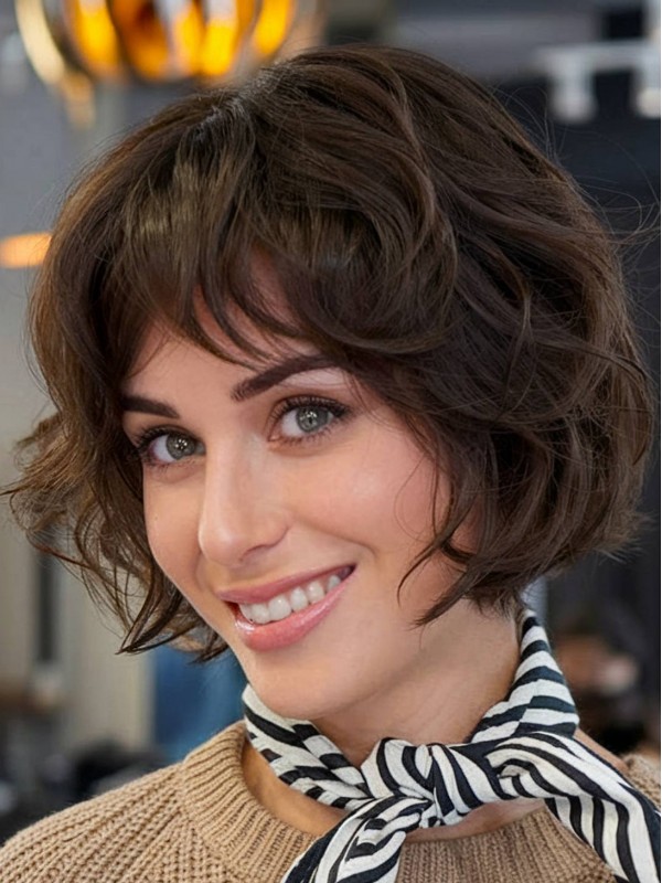 10" Braune Bob Perücke Mit Pony Synthetische Kappenlose Gewellte Perücken