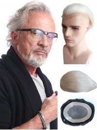 Weiß Gerade Echthaar Männer Toupee für alte Männer