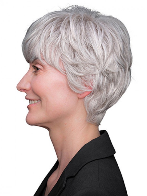 Kurze Handgebundene Graue Remy-Echthaar-Perücken Für Ältere Damen