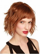 12" Gewellte Bob-Perücke, Kinnlang, Monofilament, Gewellter Stil, Kastanienbraune Farbe
