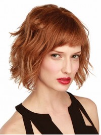 12" Gewellte Bob-Perücke, Kinnlang, Monofilament, Gewellter Stil, Kastanienbraune Farbe