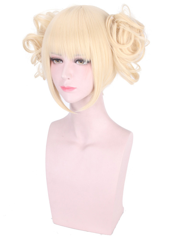 Kurz Blond Gerade Kappenlos Cosplay Perücken Mit Dem Pony And 2 Detachable Buns With Clips 10 Inches
