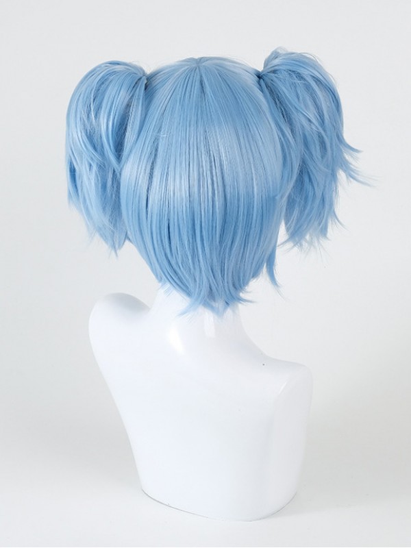 Light Blau Kurz Gerade Kappenlos Cosplay Perücken Mit Dem Pony 10 Inches And 2 Ponytails