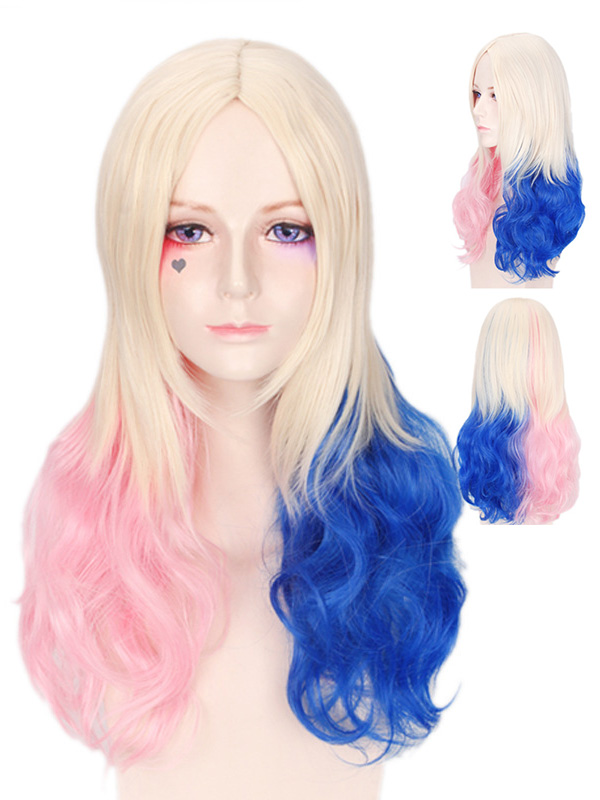 Mittelscheitel Lang Pink Blau Farbe Loose Wellig Cosplay Kappenlos Kunsthaar Perücken 24 Inches