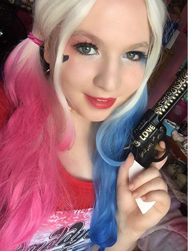 Mittelscheitel Lang Pink Blau Farbe Loose Wellig Cosplay Kappenlos Kunsthaar Perücken 24 Inches