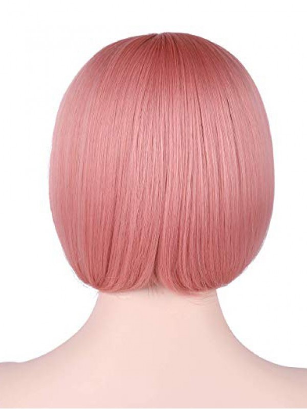 Pink Kurz Gerade Bob Kappenlos Kunsthaar Cosplay Perücken Mit Dem Pony 10 Inches