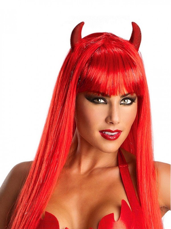 Lang Rot Gerade Halloween Little Devil Kappenlos Cosplay Perücken Mit Seiten Pony 22 Inches