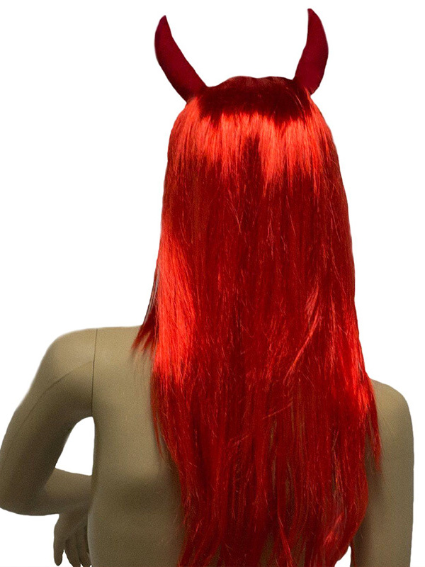 Lang Rot Gerade Halloween Little Devil Kappenlos Cosplay Perücken Mit Seiten Pony 22 Inches