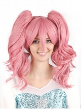 Lang Pink Dual Horsetail Wellig Kappenlos Kunsthaar Cosplay Perücken Mit Dem Pony 24 Inches