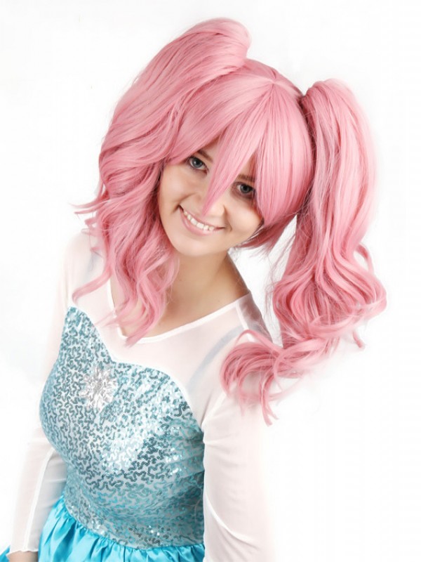 Lang Pink Dual Horsetail Wellig Kappenlos Kunsthaar Cosplay Perücken Mit Dem Pony 24 Inches