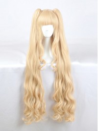 Lang Blond Dual Horsetail Wellig Kappenlos Cosplay Perücken Mit Dem Pony 46 Inches