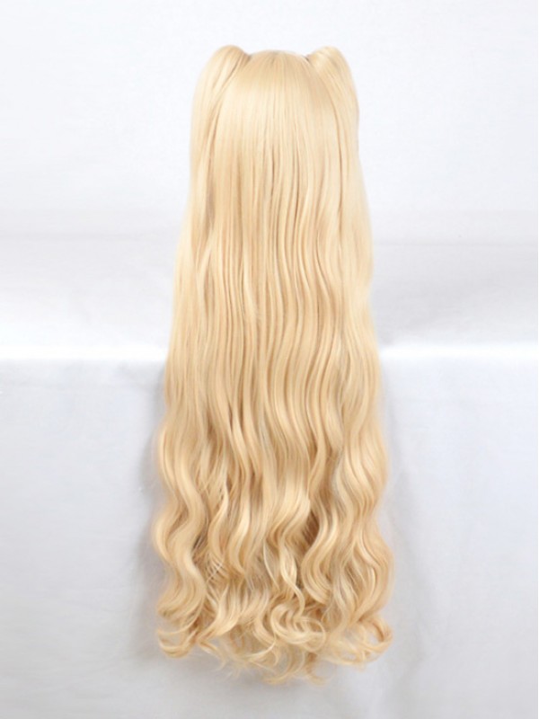 Lang Blond Dual Horsetail Wellig Kappenlos Cosplay Perücken Mit Dem Pony 46 Inches