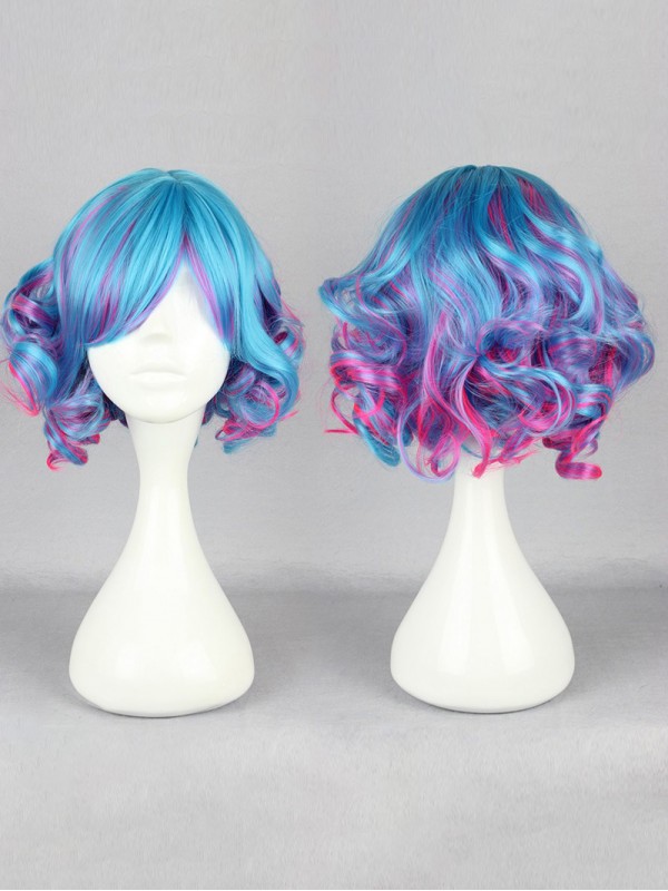 Japanese Lolita Stil Mixed Farbe Blau And Pink Kappenlos Kunsthaar Cosplay Perücken Mit Seiten Pony 12 Inches