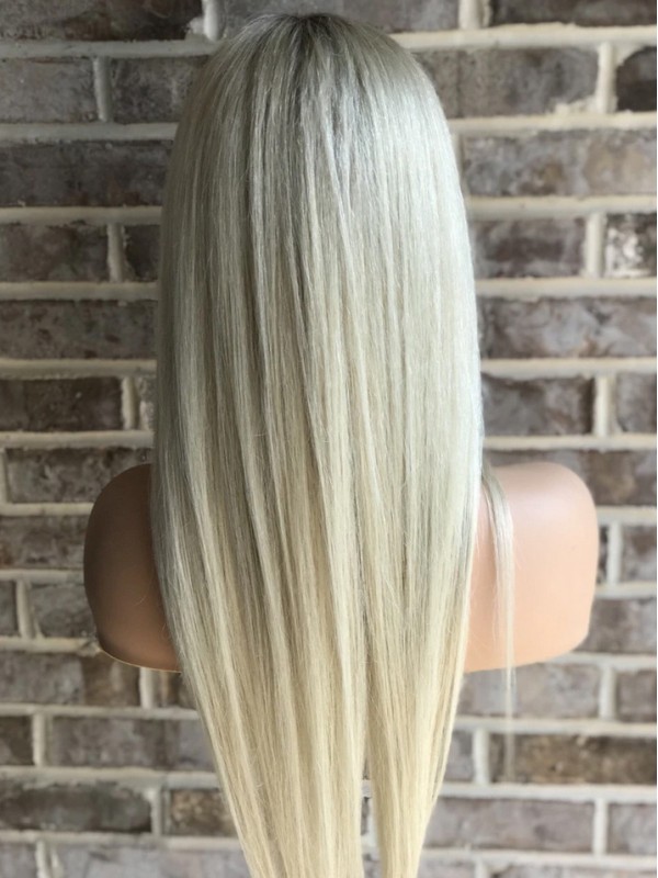 Blond Lang Gerade Spitzefront Echthaar Perücken Mit Seiten Pony 20 Inches