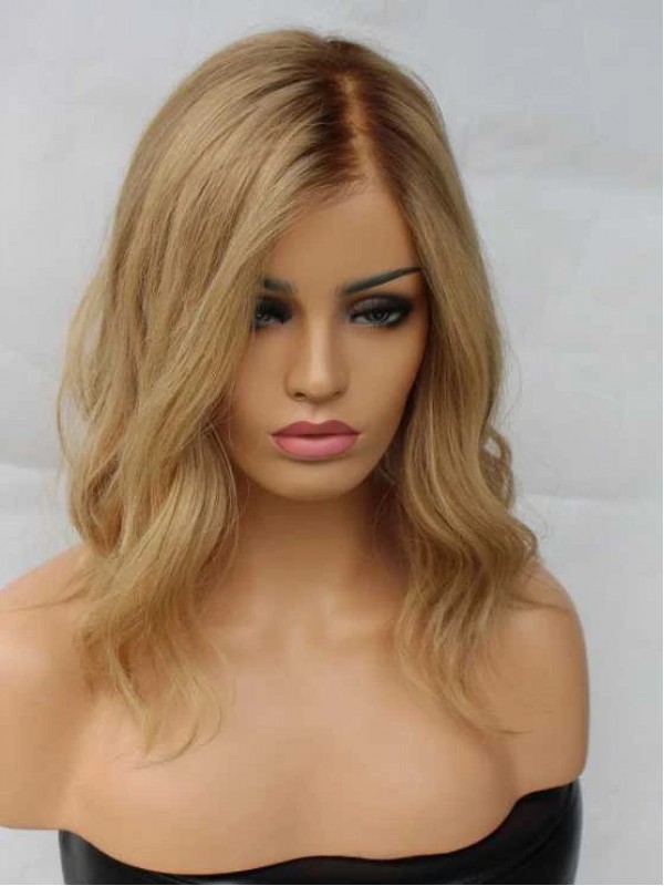 Blond Wellig Lang Spitzefront Echthaar Perücken Mit Seiten Pony 16 Inches